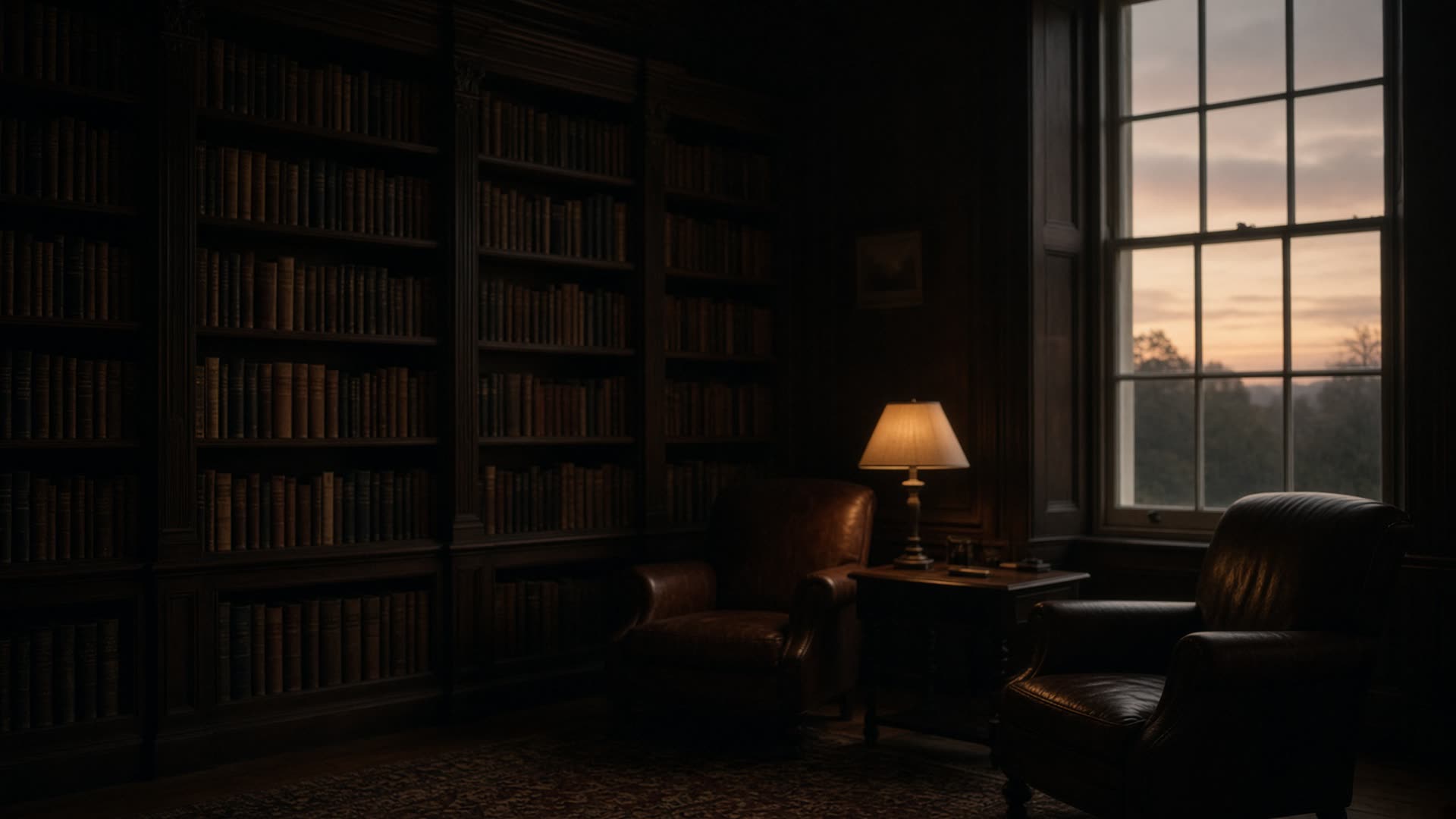 A private library at dusk, lamp light on leather chairs.