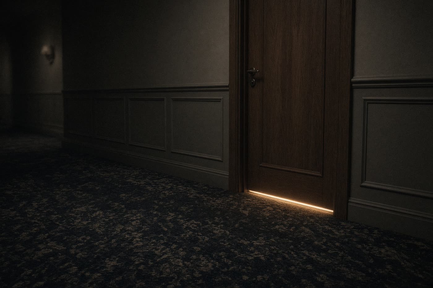 A quiet hotel corridor at night, empty, with a single wall light.