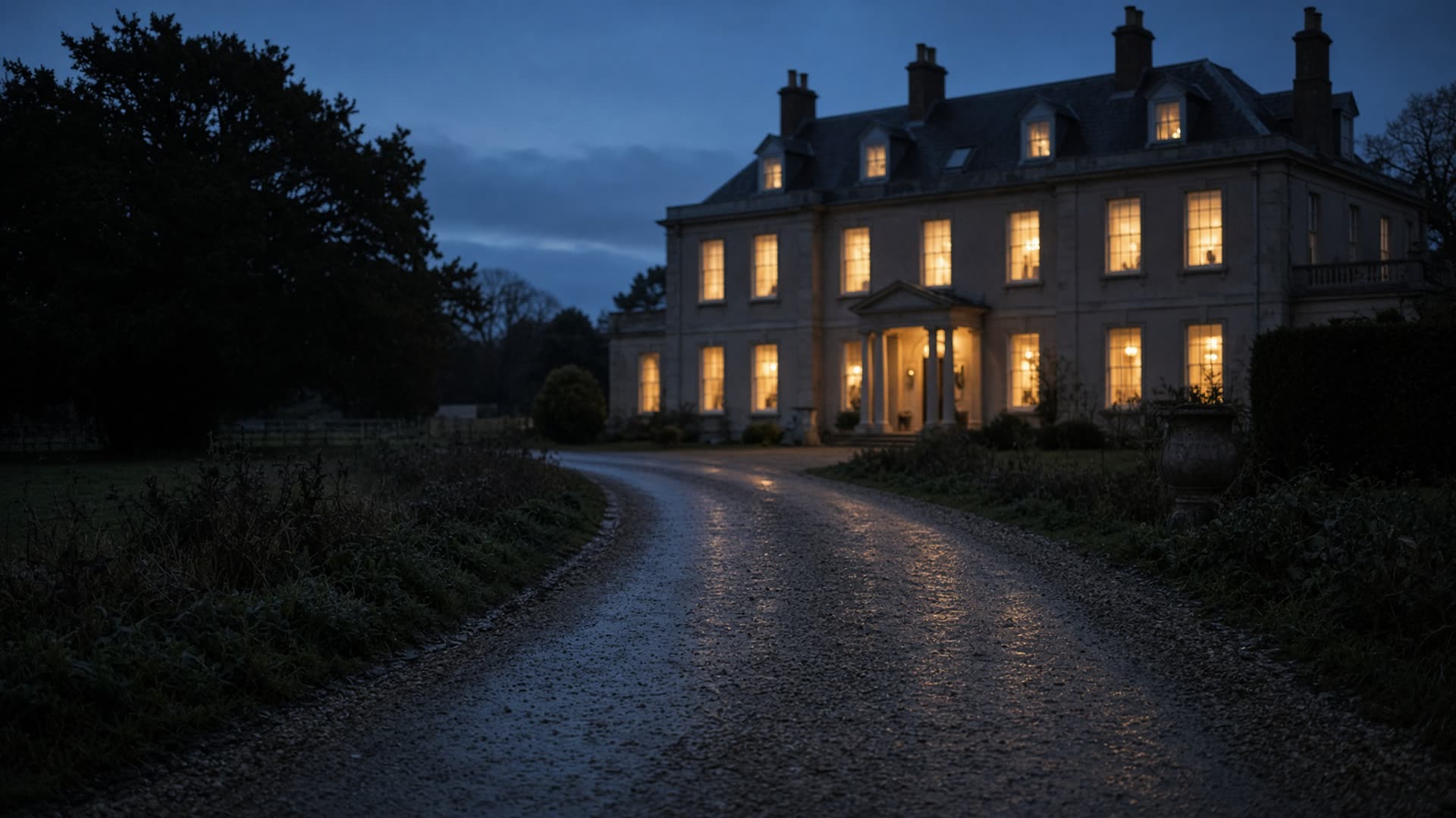 A country house at dusk, lights in the windows, a long wet drive.