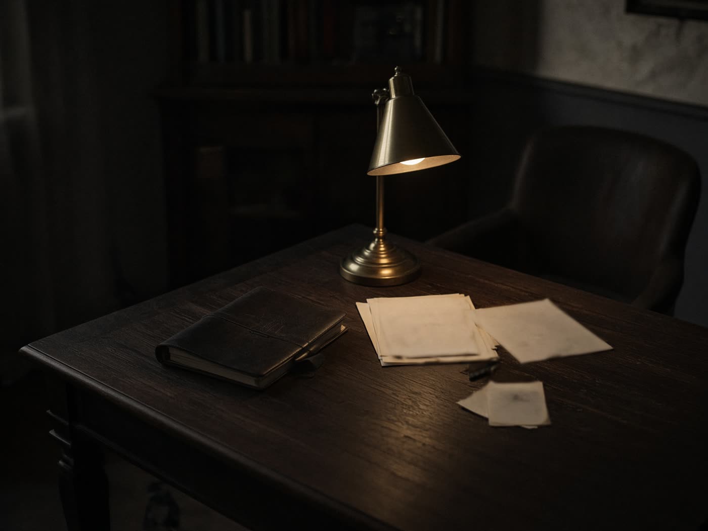 A quiet study desk at night, lamp light on a closed notebook.
