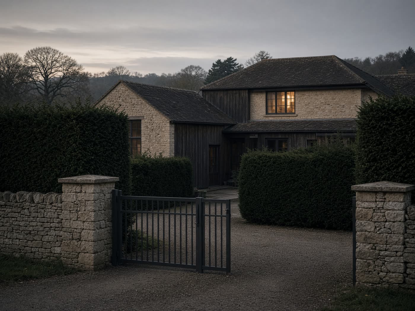 A contemporary gated country house at dusk, a single warm window lit.