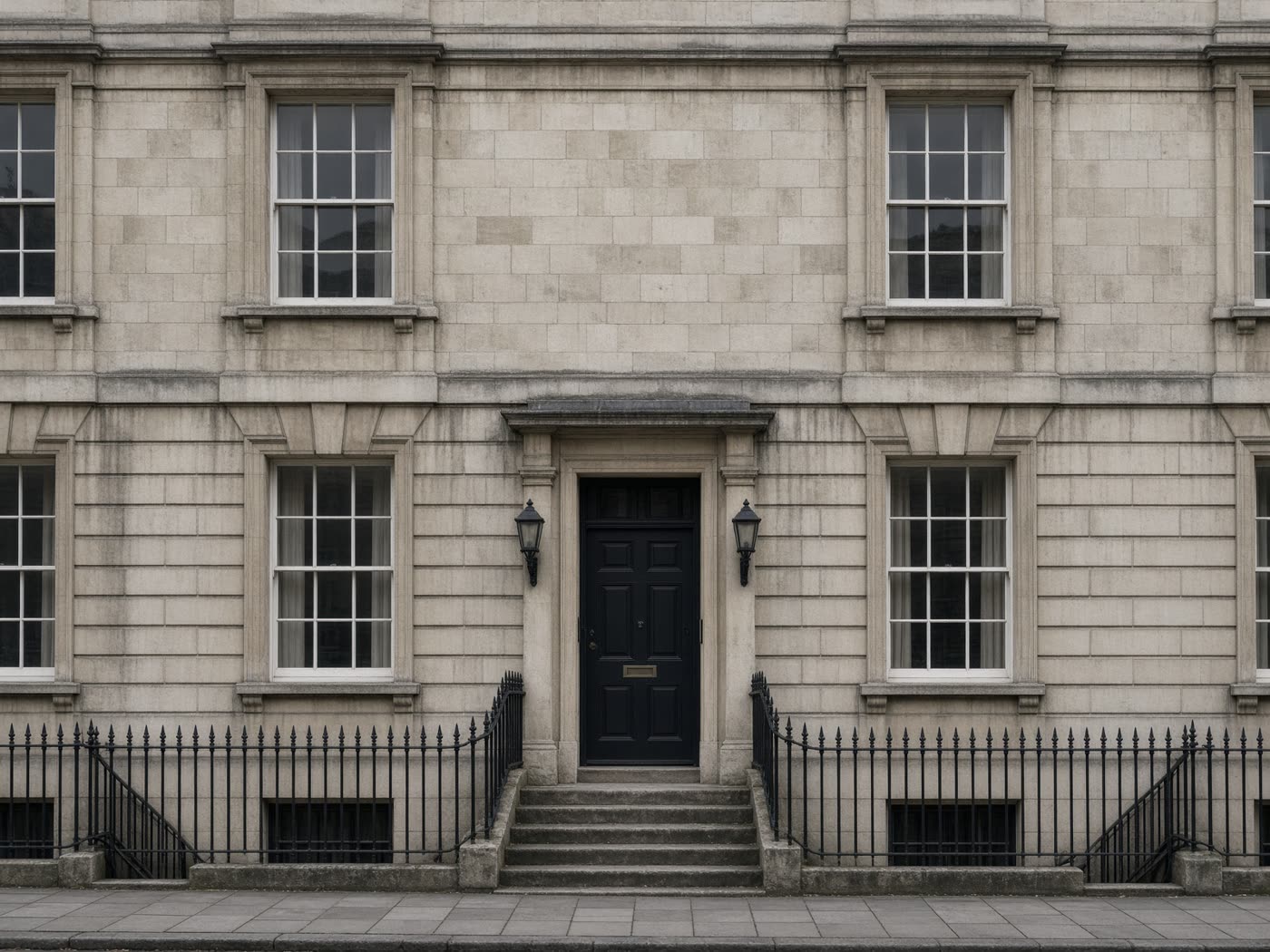A Georgian townhouse façade in soft daylight, empty pavement and iron railings.