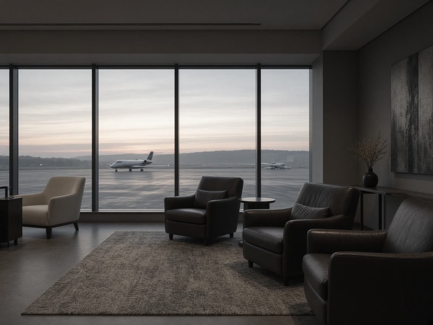 An empty private aviation lounge at dawn, glass looking onto a quiet apron.
